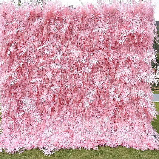 Lofaris Lush Pink Artificial Flower Wall with Bamboo Leaf Design Elegant Wedding and Party Event Decor