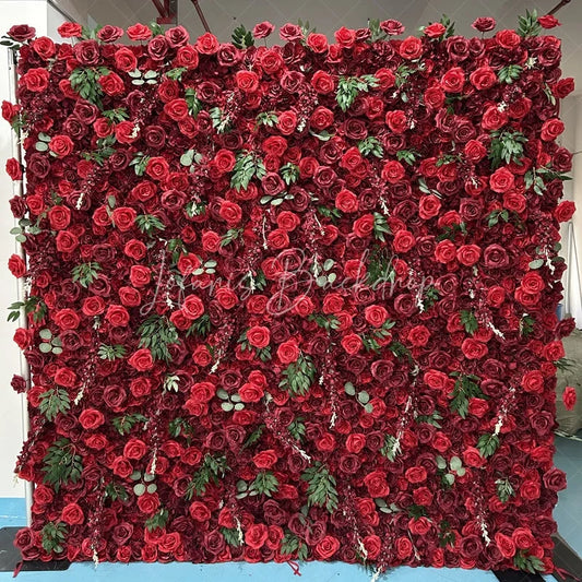 Lofaris Lush Red Rose Artificial Flower Wall with Green Leaves Elegant Romantic Wedding and Party Backdrop Decor