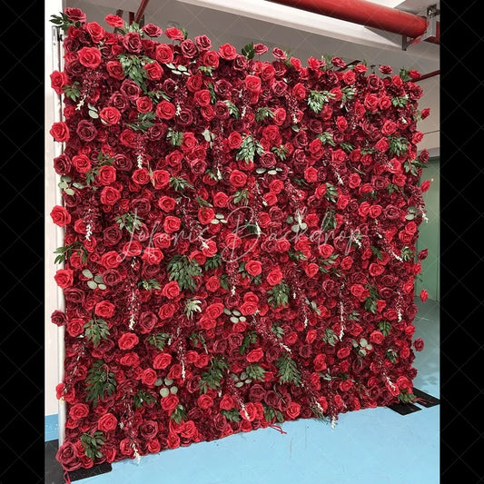 Lofaris Lush Red Rose Artificial Flower Wall with Green Leaves Elegant Romantic Wedding and Party Backdrop Decor