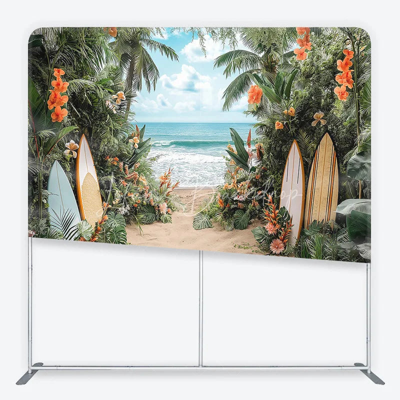 Lofaris Lush Tropical Beach and Ocean Square Double-Sided Backdrop with Vibrant Flowers Palm Trees Surfboards