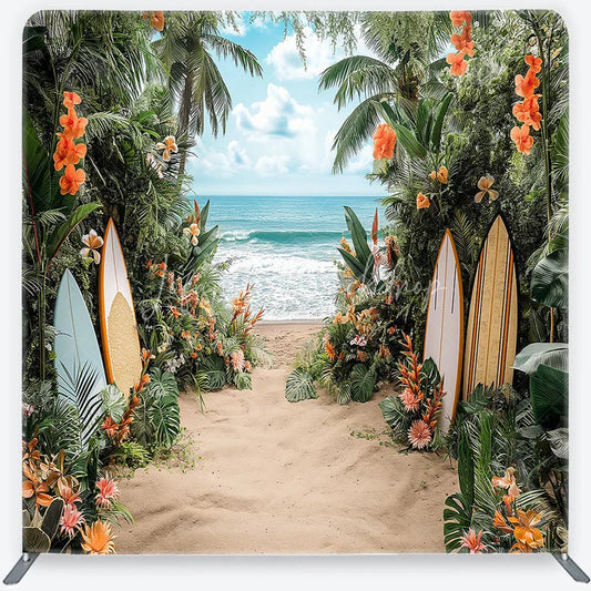 Lofaris Lush Tropical Beach and Ocean Square Double-Sided Backdrop with Vibrant Flowers Palm Trees Surfboards
