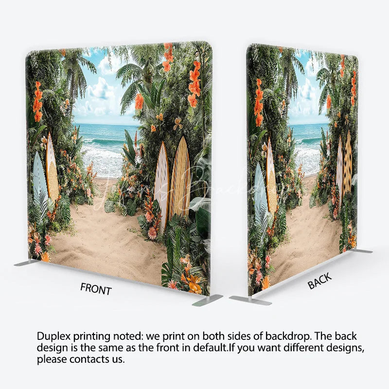 Lofaris Lush Tropical Beach and Ocean Square Double-Sided Backdrop with Vibrant Flowers Palm Trees Surfboards