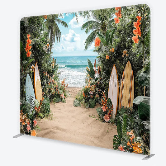 Lofaris Lush Tropical Beach and Ocean Square Double-Sided Backdrop with Vibrant Flowers Palm Trees Surfboards