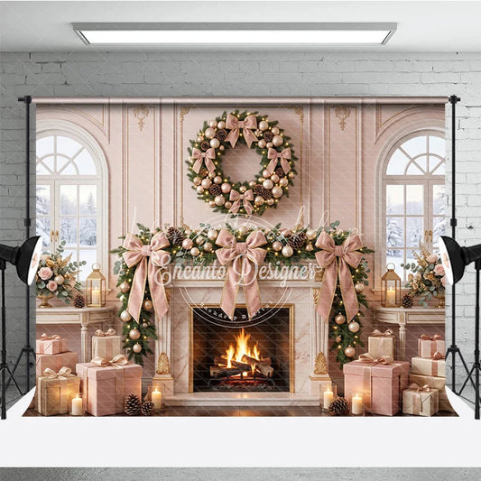 Lofaris Luxurious Blush Pink and Gold Christmas Fireplace Backdrop with Snowy Window Elegant Holiday Party Decor