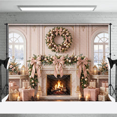 Lofaris Luxurious Blush Pink and Gold Christmas Fireplace Backdrop with Snowy Window Elegant Holiday Party Decor