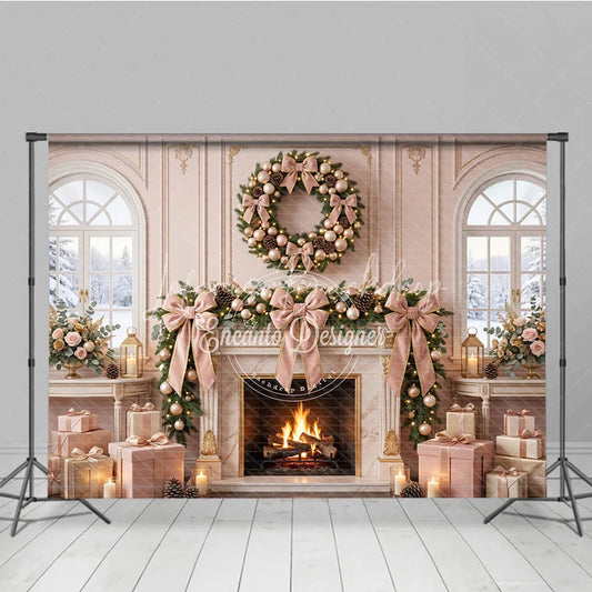 Lofaris Luxurious Blush Pink and Gold Christmas Fireplace Backdrop with Snowy Window Elegant Holiday Party Decor