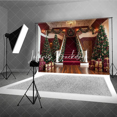 Lofaris Luxurious Christmas Holiday Backdrop with Grand Staircase Red Carpet Decorated Trees and Festive Garlands.