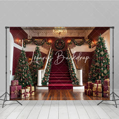 Lofaris Luxurious Christmas Holiday Backdrop with Grand Staircase Red Carpet Decorated Trees and Festive Garlands.