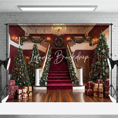 Lofaris Luxurious Christmas Holiday Backdrop with Grand Staircase Red Carpet Decorated Trees and Festive Garlands.