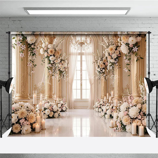 Lofaris Luxurious Cream Gold Floral Photography Backdrop with Arched Window Elegant Wedding and Engagement Party Decor