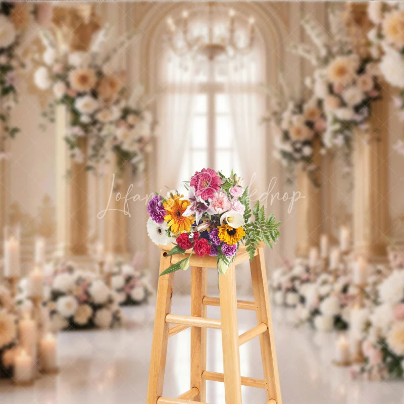 Lofaris Luxurious Cream Gold Floral Photography Backdrop with Arched Window Elegant Wedding and Engagement Party Decor