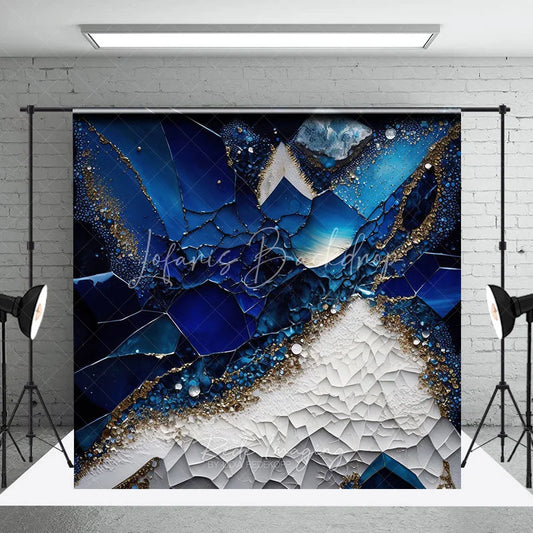Lofaris Luxurious Deep Blue and White Abstract Photography Backdrop Gold Glitter Crystal Geode Design for Studio