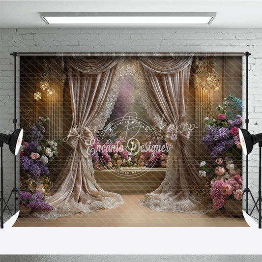 Lofaris Luxurious Floral Photography Backdrop with Elegant Beige Curtains Romantic Flowers and Sparkling Chandeliers