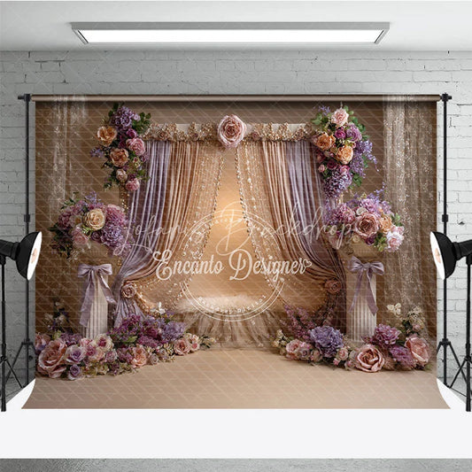 Lofaris Luxurious Gold and Lavender Drapes Photography Backdrop Elegant Floral Arrangements for Portraits