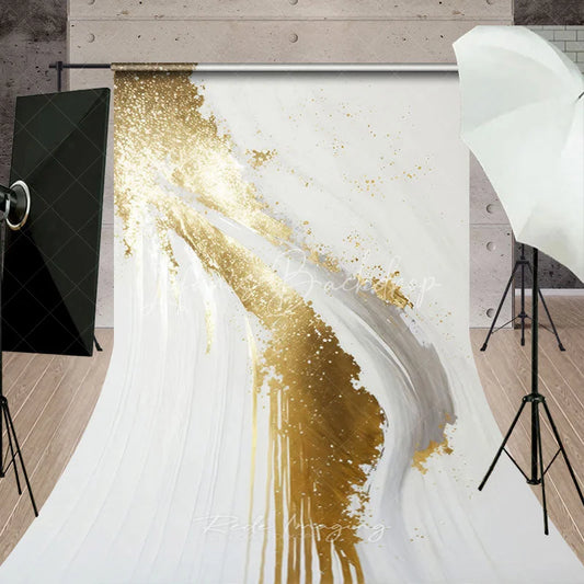 Lofaris Luxurious Gold Glitter and White Abstract Sweep Backdrop Modern Artistic Photography Studio Decor