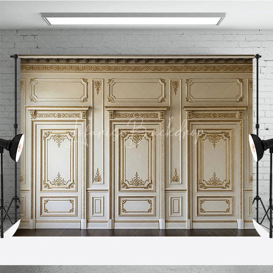 Lofaris Luxurious Gold Ornate Molding and Paneling Classic Baroque Photography Backdrop Elegant Cream Wall Decor for Portraits