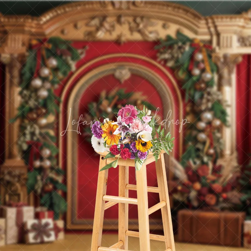 Lofaris Luxurious Golden Arch Red Velvet Christmas Trees Holiday Backdrop Festive Garlands and Wreath Decor
