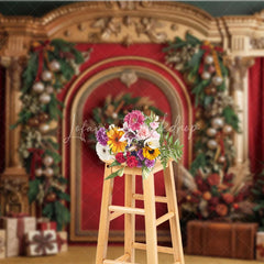 Lofaris Luxurious Golden Arch Red Velvet Christmas Trees Holiday Backdrop Festive Garlands and Wreath Decor