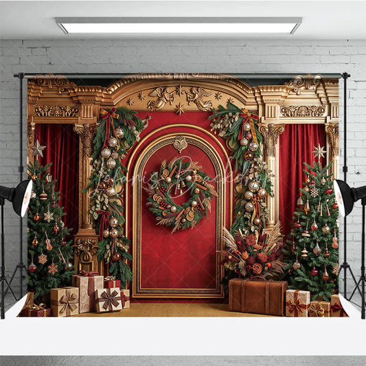 Lofaris Luxurious Golden Arch Red Velvet Christmas Trees Holiday Backdrop Festive Garlands and Wreath Decor