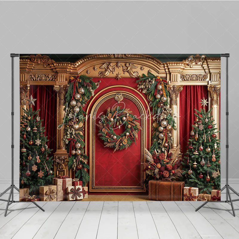 Lofaris Luxurious Golden Arch Red Velvet Christmas Trees Holiday Backdrop Festive Garlands and Wreath Decor