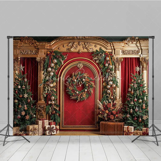 Lofaris Luxurious Golden Arch Red Velvet Christmas Trees Holiday Backdrop Festive Garlands and Wreath Decor