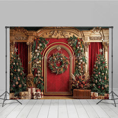 Lofaris Luxurious Golden Arch Red Velvet Christmas Trees Holiday Backdrop Festive Garlands and Wreath Decor