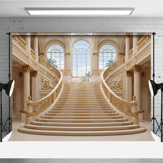 Lofaris Luxurious Grand Palace Gold Double Staircase Photography Backdrop Elegant Architectural Interior Scene for Photo