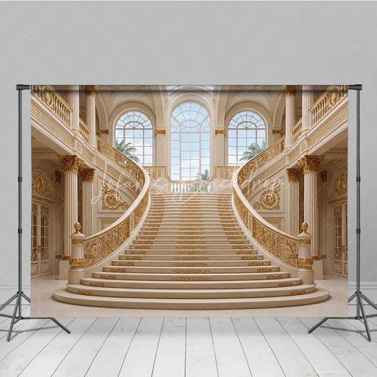 Lofaris Luxurious Grand Palace Gold Double Staircase Photography Backdrop Elegant Architectural Interior Scene for Photo