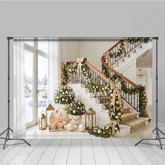 Lofaris Luxurious Grand Staircase Holiday Backdrop with Festive Garlands Warm Lights and Snowy Winter Scene