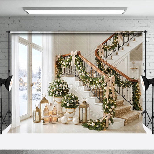 Lofaris Luxurious Grand Staircase Holiday Backdrop with Festive Garlands Warm Lights and Snowy Winter Scene
