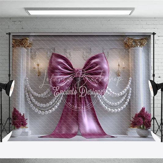 Lofaris Luxurious Magenta Bow and Pearl Garland Photography Backdrop Elegant White Column Floral Decor for Parties