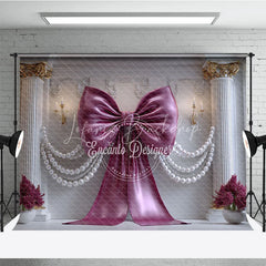 Lofaris Luxurious Magenta Bow and Pearl Garland Photography Backdrop Elegant White Column Floral Decor for Parties