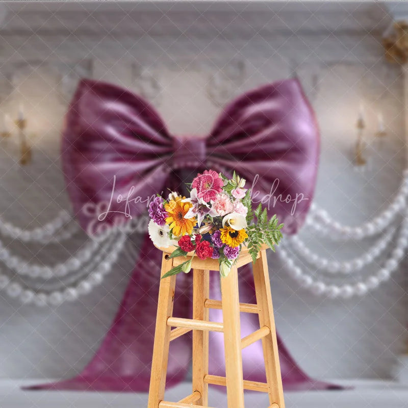 Lofaris Luxurious Magenta Bow and Pearl Garland Photography Backdrop Elegant White Column Floral Decor for Parties