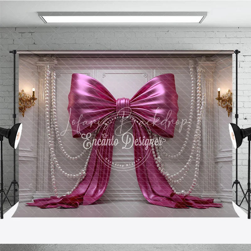 Lofaris Luxurious Pink Satin Bow and Pearl Photography Backdrop White Wall Panel for Birthday Party Decor