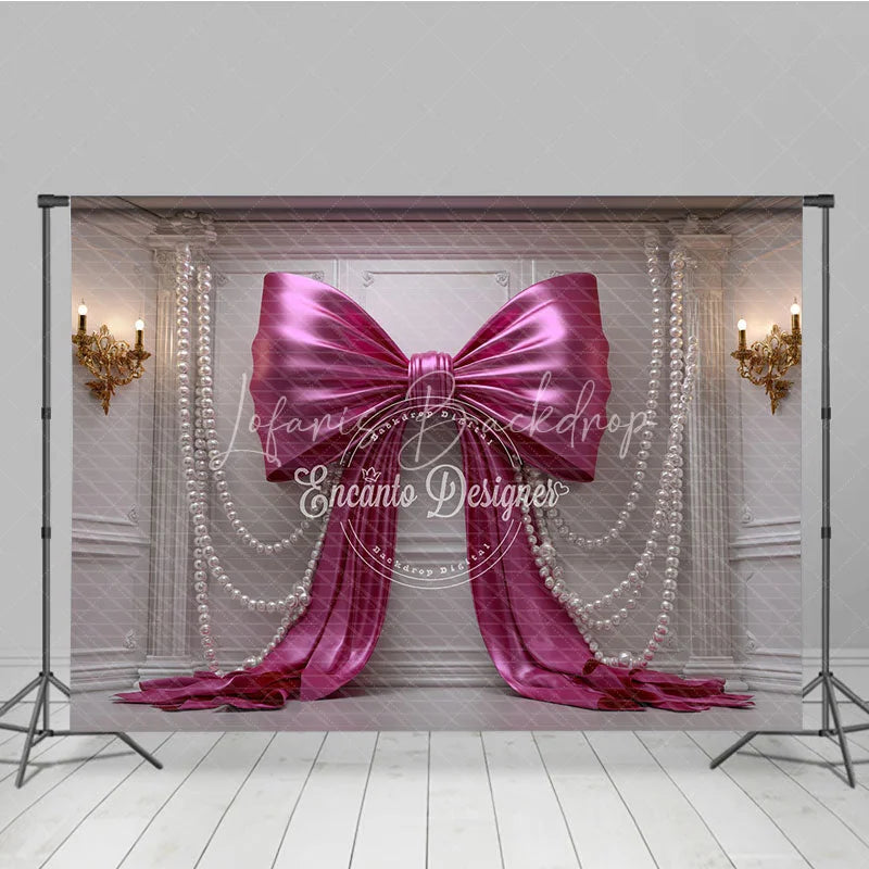 Lofaris Luxurious Pink Satin Bow and Pearl Photography Backdrop White Wall Panel for Birthday Party Decor