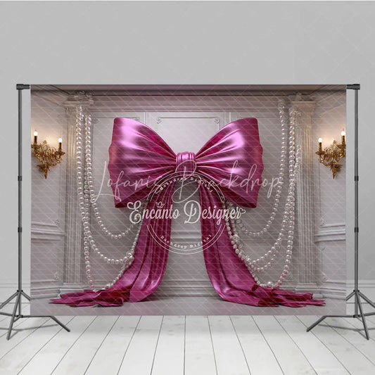 Lofaris Luxurious Pink Satin Bow and Pearl Photography Backdrop White Wall Panel for Birthday Party Decor