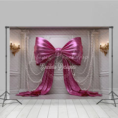 Lofaris Luxurious Pink Satin Bow and Pearl Photography Backdrop White Wall Panel for Birthday Party Decor