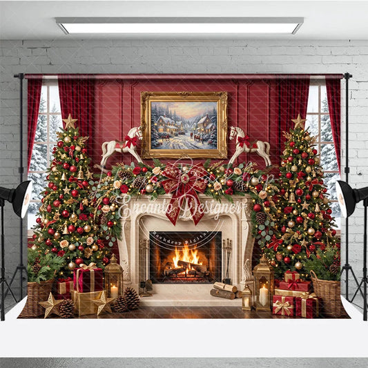 Lofaris Luxurious Red and Gold Christmas Tree Fireplace Snowy Window Holiday Backdrop Elegant Winter Festive Party Decor