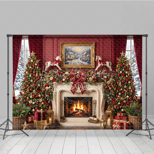 Lofaris Luxurious Red and Gold Christmas Tree Fireplace Snowy Window Holiday Backdrop Elegant Winter Festive Party Decor