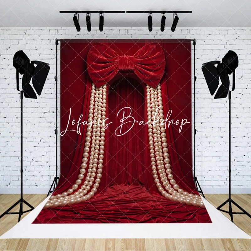Lofaris Luxurious Red Velvet Curtain Photography Backdrop with Large Bow and Cascading Pearl Strings Elegant Party Decor