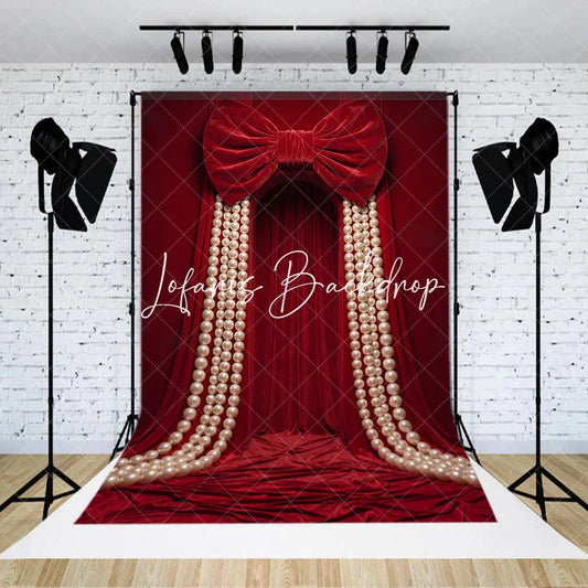 Lofaris Luxurious Red Velvet Curtain Photography Backdrop with Large Bow and Cascading Pearl Strings Elegant Party Decor