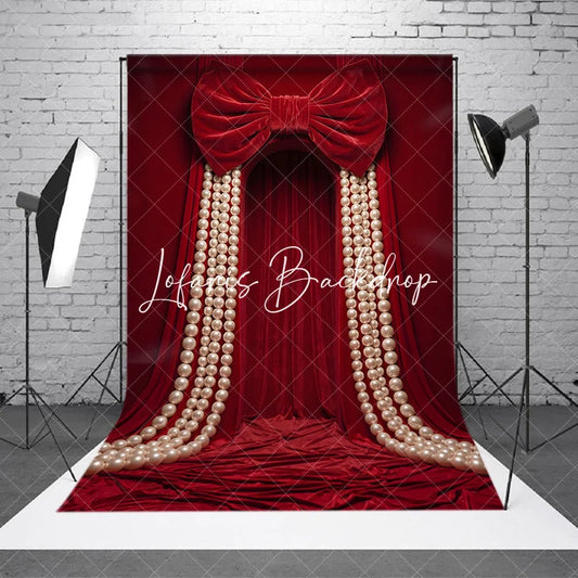 Lofaris Luxurious Red Velvet Curtain Photography Backdrop with Large Bow and Cascading Pearl Strings Elegant Party Decor