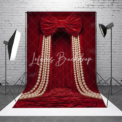 Lofaris Luxurious Red Velvet Curtain Photography Backdrop with Large Bow and Cascading Pearl Strings Elegant Party Decor