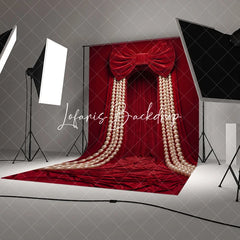 Lofaris Luxurious Red Velvet Curtain Photography Backdrop with Large Bow and Cascading Pearl Strings Elegant Party Decor