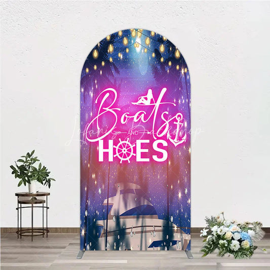 Lofaris Luxurious Tropical Night Yacht Party Arch Backdrop Kit featuring Sparkling Lights and Palm Trees