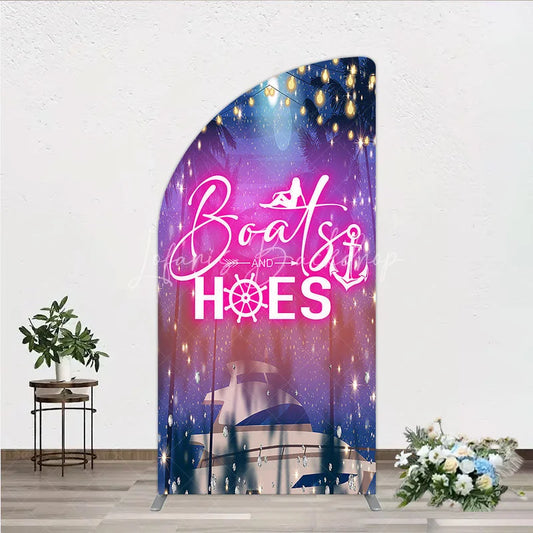 Lofaris Luxurious Tropical Night Yacht Party Half Moon Arch Backdrop Kit featuring Sparkling Lights and Palm Trees