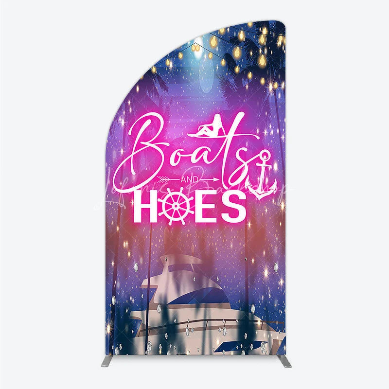Lofaris Luxurious Tropical Night Yacht Party Half Moon Arch Backdrop Kit featuring Sparkling Lights and Palm Trees