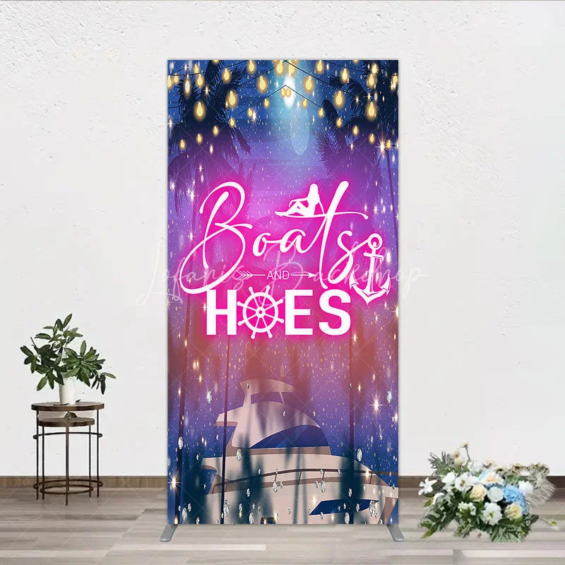 Lofaris Luxurious Tropical Night Yacht Party Rectangle Backdrop Kit featuring Sparkling Lights and Palm Trees