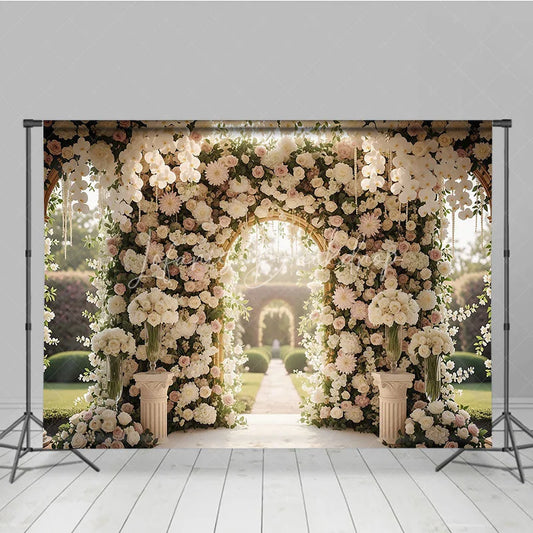 Lofaris Luxurious White and Pink Floral Golden Arch Wedding Photography Backdrop Romantic Garden Ceremony Decor with Pearls