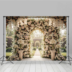 Lofaris Luxurious White and Pink Floral Golden Arch Wedding Photography Backdrop Romantic Garden Ceremony Decor with Pearls